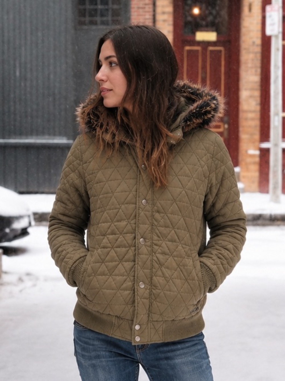 Volcom Olive Green Quilted Hooded Jacket removable Faux Fur